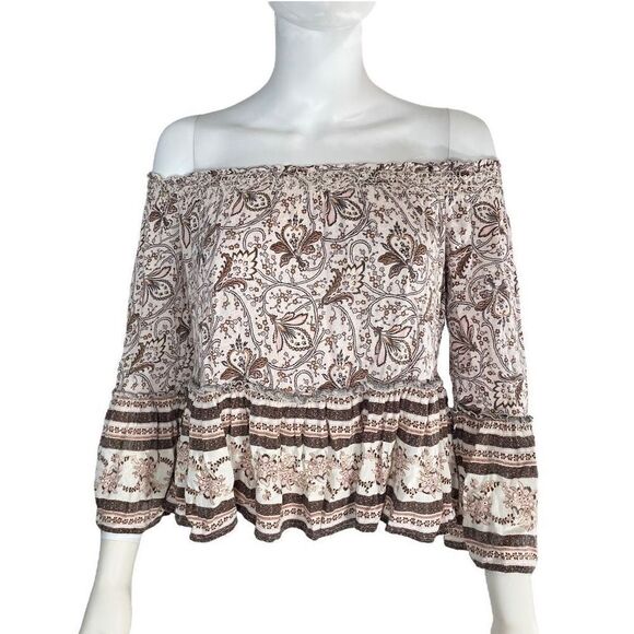 American Eagle Women’s M Cold Shoulder Neutrals Floral Long Sleeve Blouse Top - Picture 1 of 6
